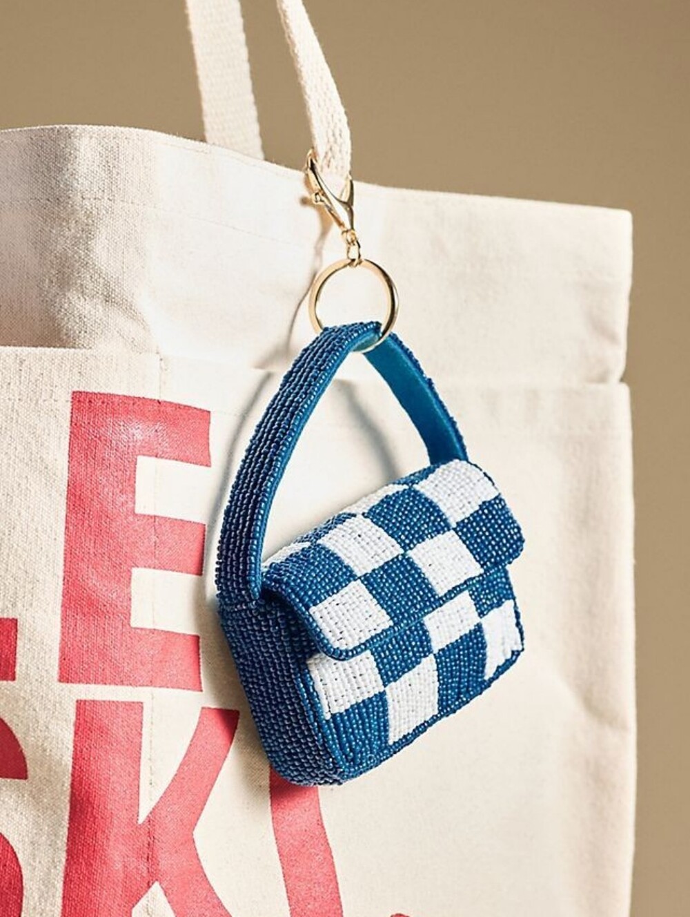 *NWT* [Anthropologie] Fiona Beaded Bag Charm, Keychain, Blue White, Checkered